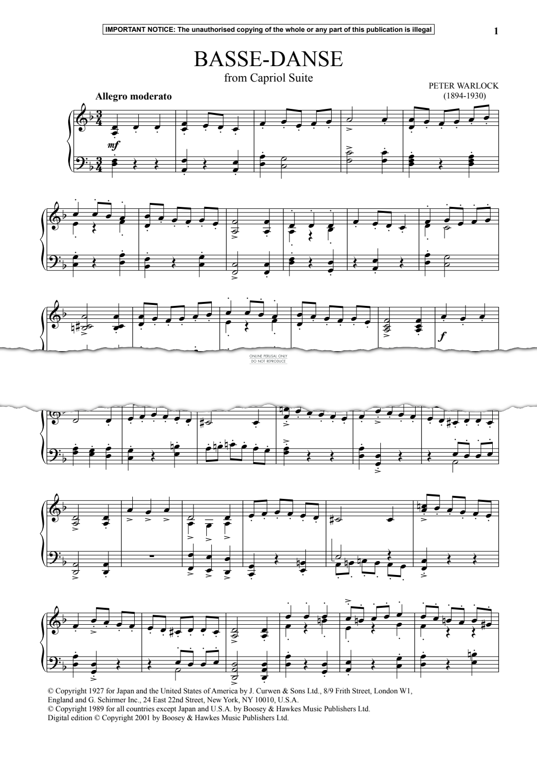 Produktgalerie: Seite 1 von 1 Basse Danse from 'The Capriol Suite', Peter Warlock, Klavier