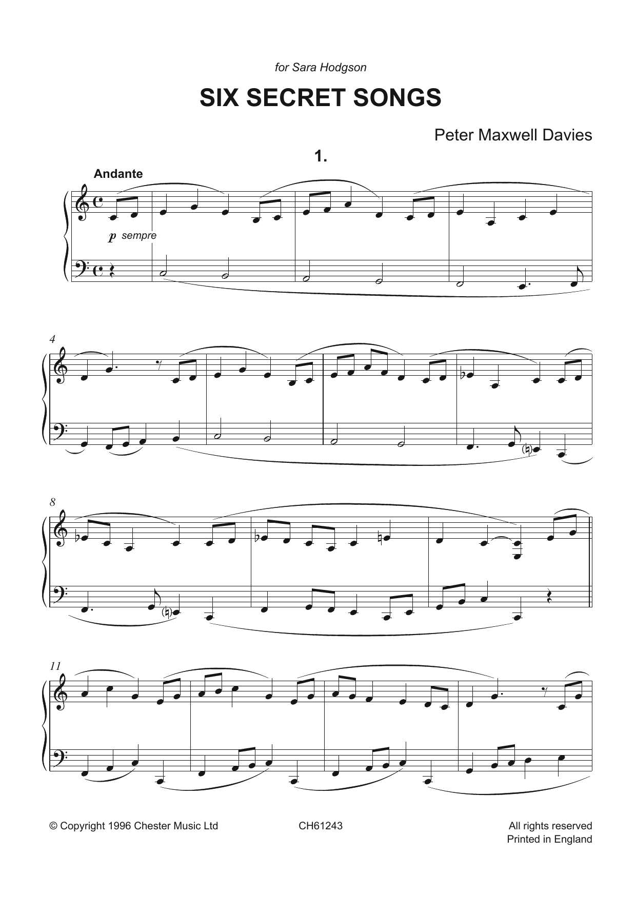 Product gallery: Page 1 of 1 Six Secret Songs, Peter Maxwell Davies