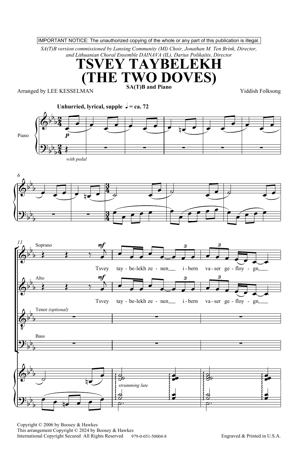 Product picture to: Tsvey Taybelekh (The Two Doves) (arr. Lee R. Kesselman)