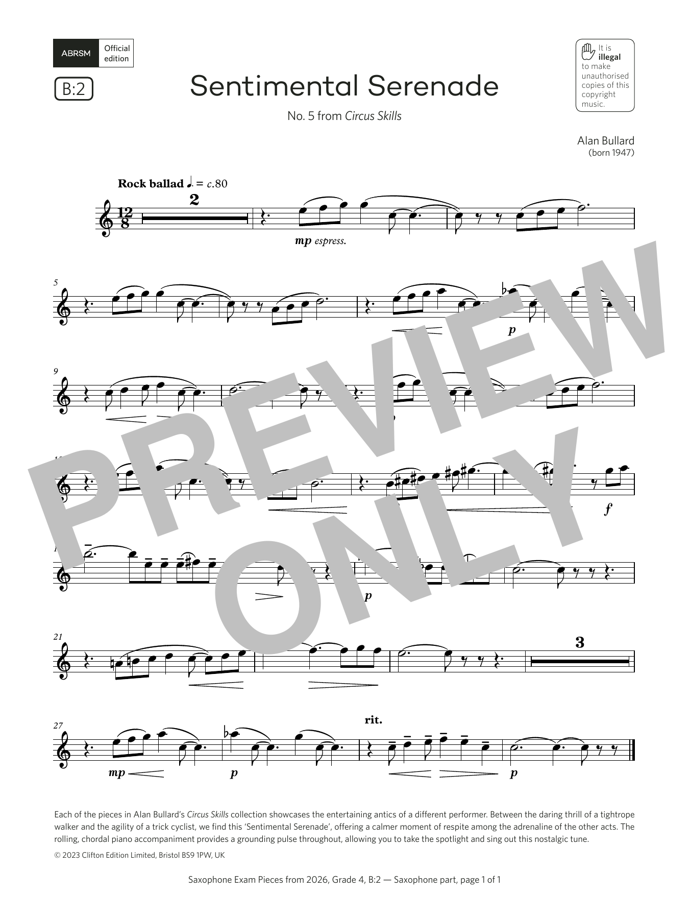 Product gallery: Page 1 of 1 Sentimental Serenade (Grade 4, list B2, from the ABRSM Saxophone Syllabus from 2026), Alan Bullard