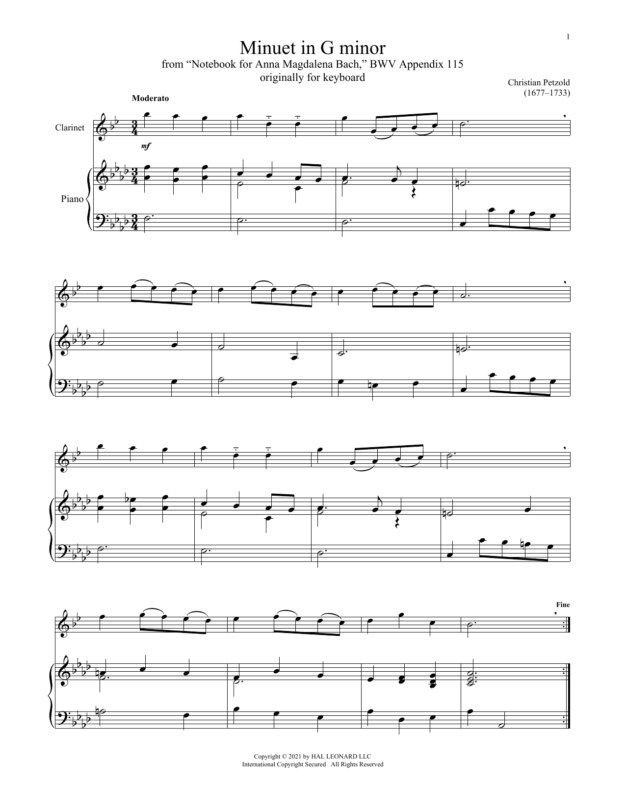 Product picture to: Minuet In G Minor, BWV Anh. 115