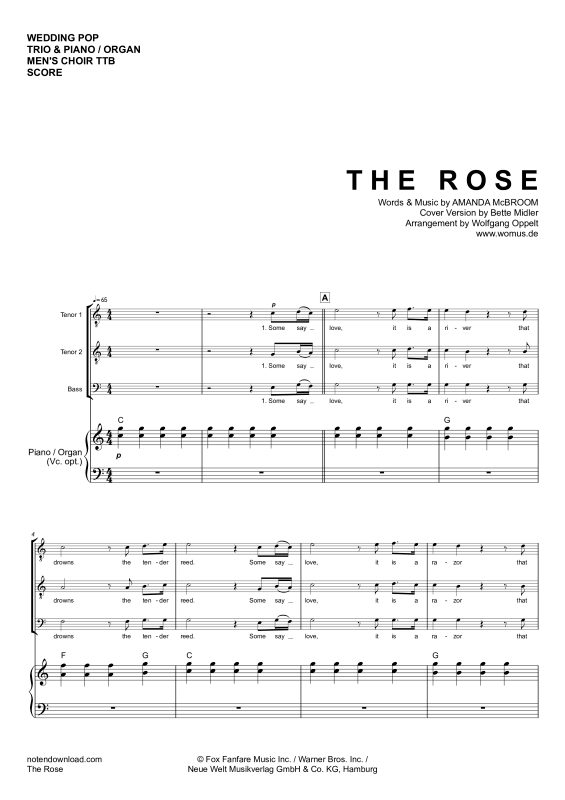 Produktgalerie: Seite 1 von 11 The Rose, Midler, Bette, Männerchor/Ensemble TTB & Klavier/Orgel Violoncello opt. - Single Version