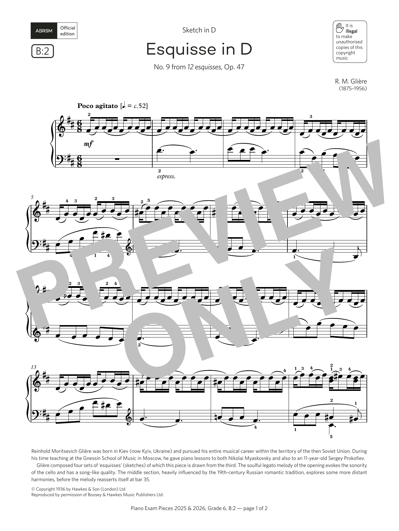 Produktbild zu:  Esquisse in D (Grade 6, list B2, from the ABRSM Piano Syllabus 2025 & 2026) - R. M. Glière