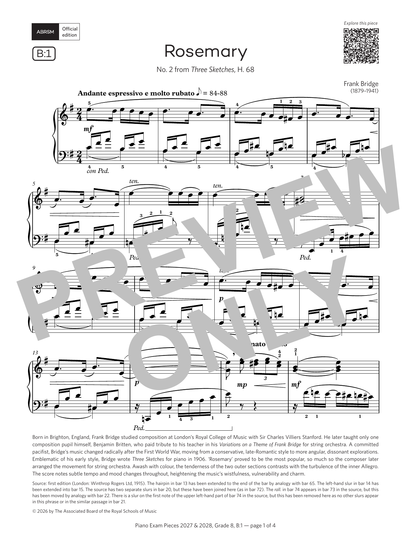 Product gallery: Page 1 of 1 Rosemary (Grade 8, list B1, from the ABRSM Piano Syllabus 2027 & 2028), Frank Bridge