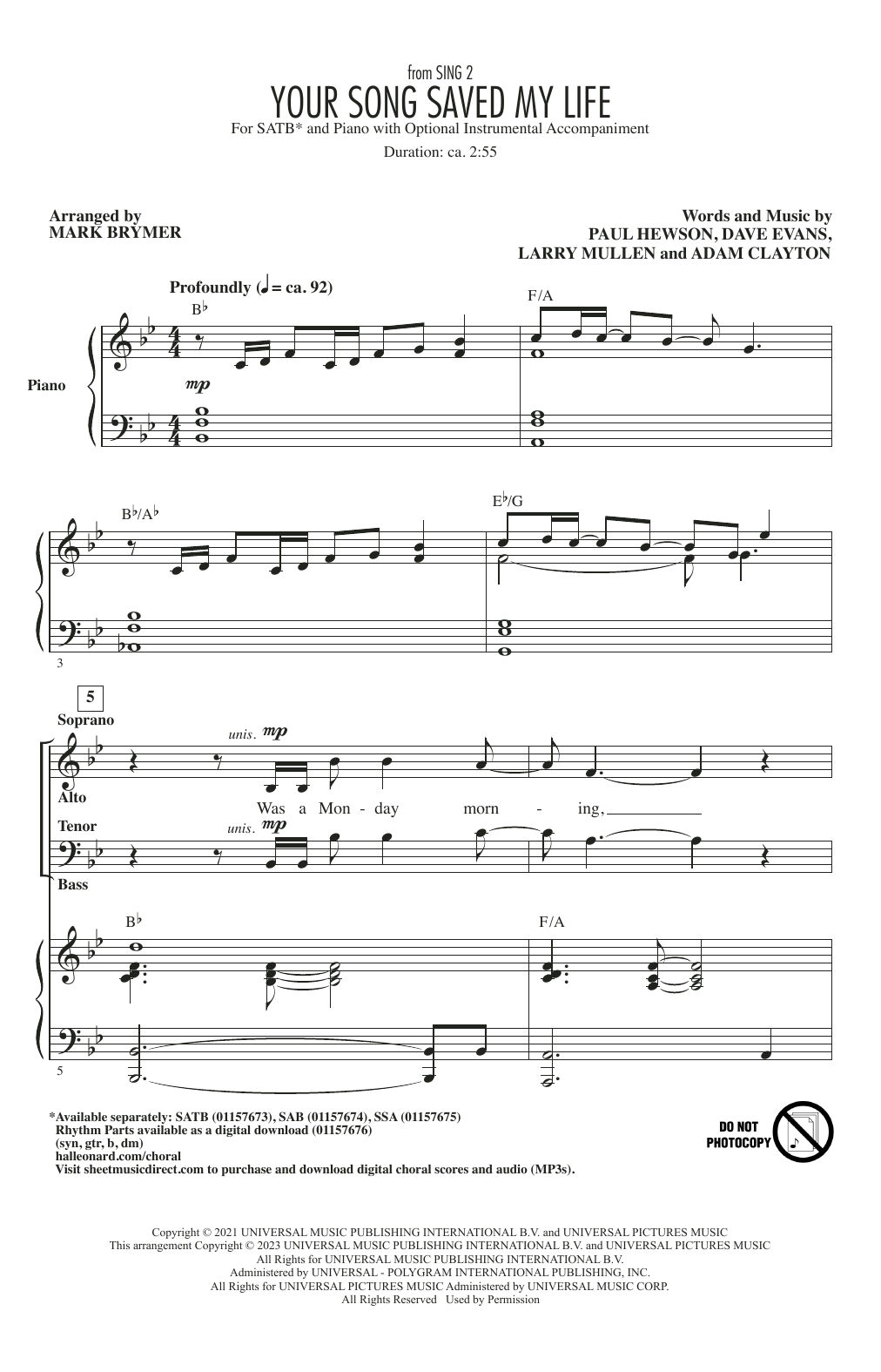 Produktbild zu: Your Song Saved My Life (from Sing 2) (arr. Mark Brymer)