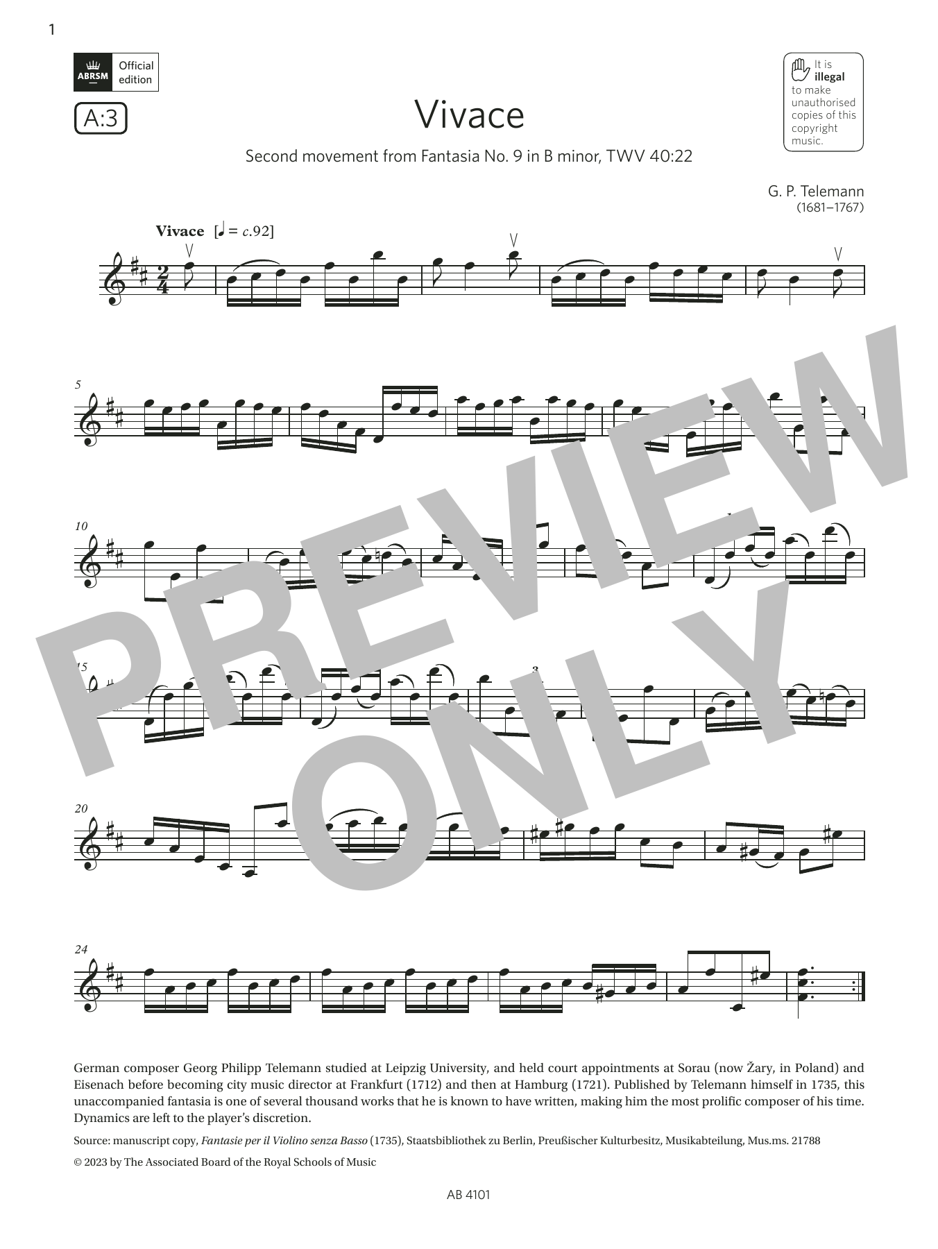 Product gallery: Page 1 of 1 Vivace (Grade 7, A3, from the ABRSM Violin Syllabus from 2024), G. P. Telemann
