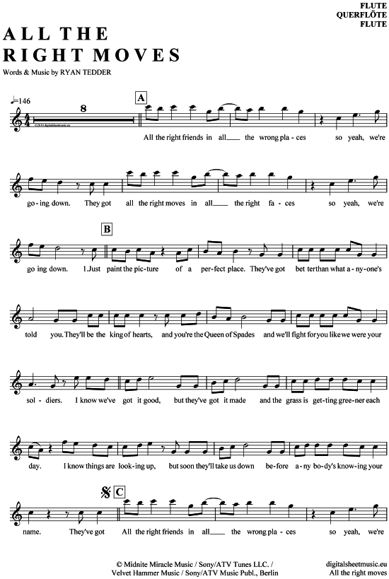 Product gallery: Page 1 of 4 All the right moves , OneRepublic, (transverse flute)