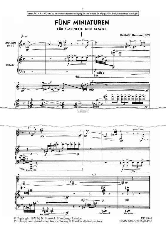 Produktgalerie: Seite 1 von 1 5 Miniatures, Op. 34, Bertold Hummel, Klarinette, Klavier