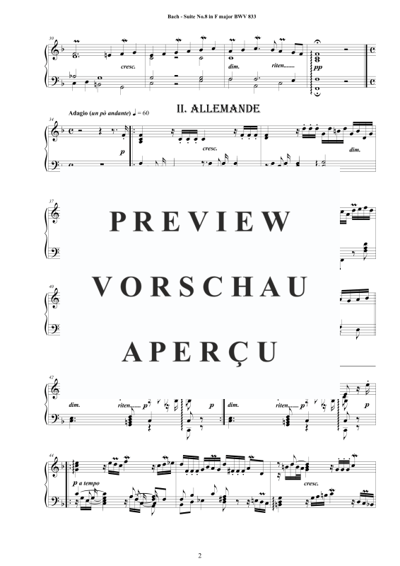 Produktgalerie: Seite 3 von 9 Suite No.8 in F-Dur BWV 833 - Complete Piano Version, , Klavier Solo