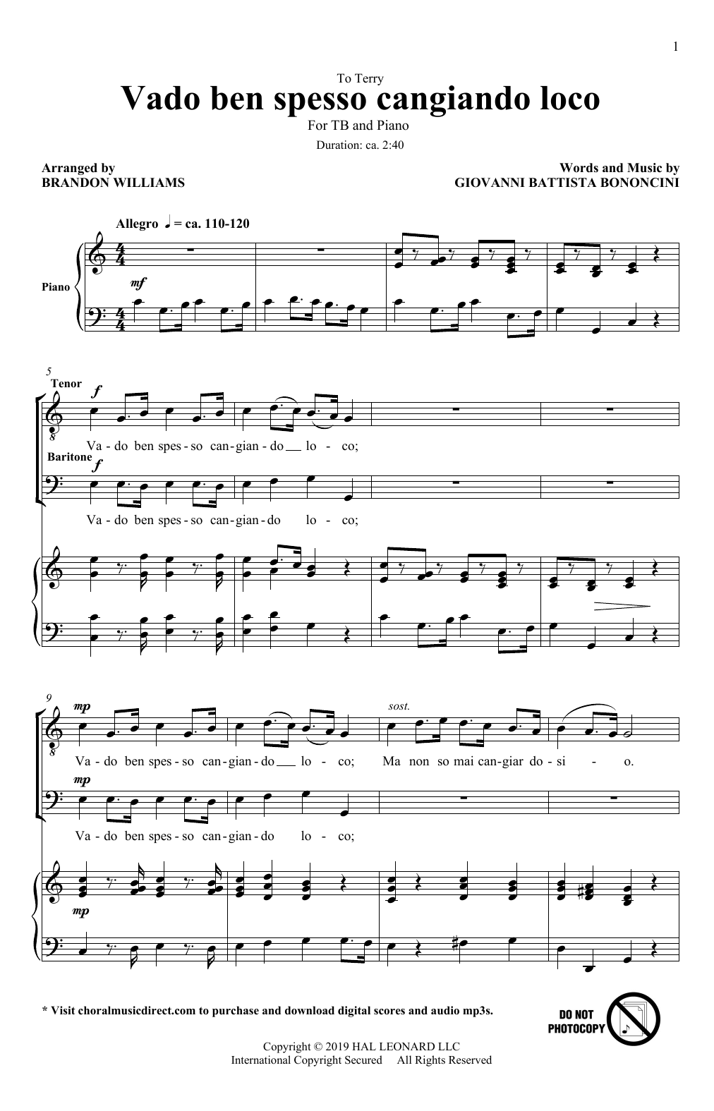 Product picture to: Vado Ben Spesso Cangiando Loco (arr. Brandon Williams)