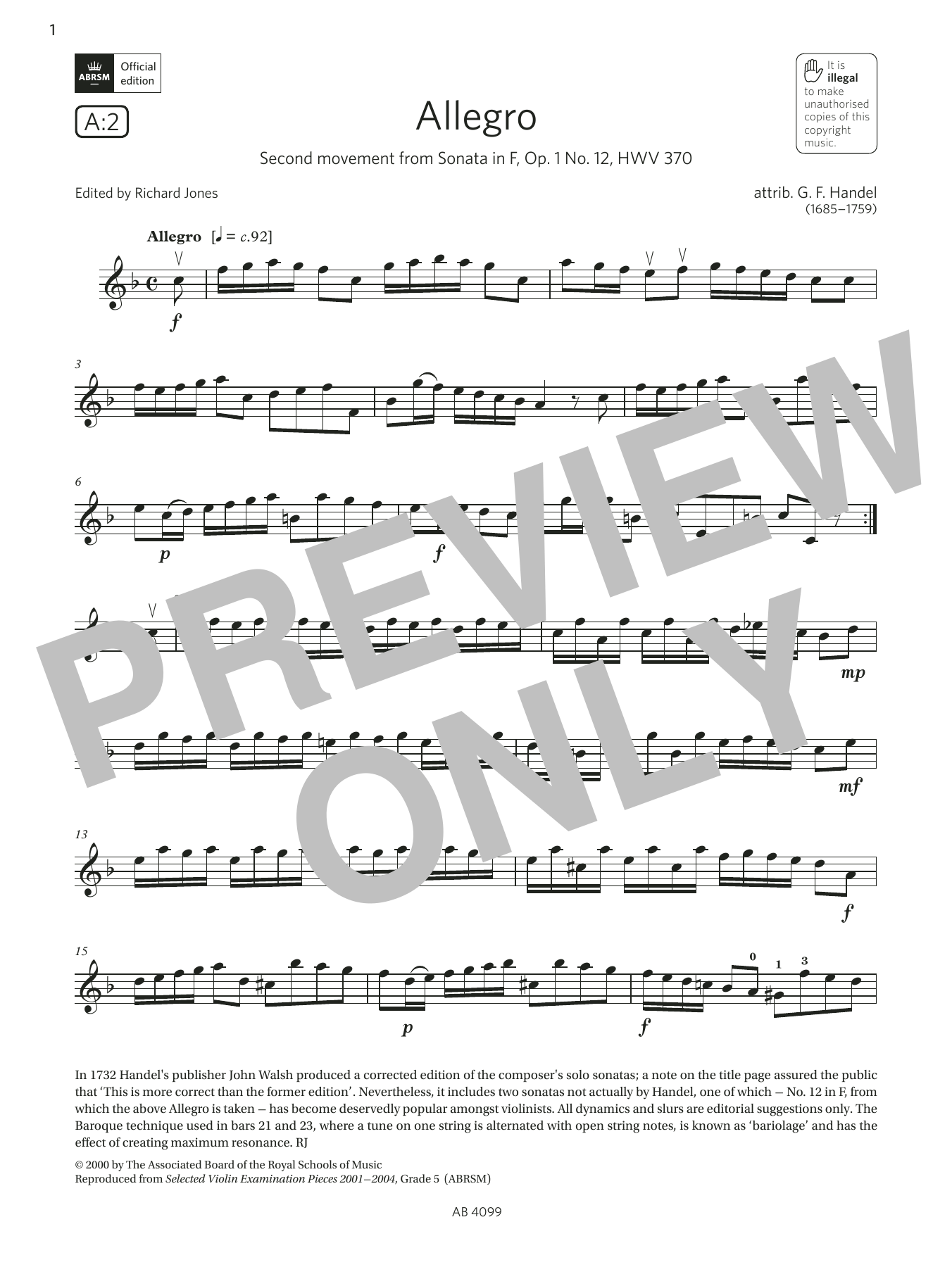 Product gallery: Page 1 of 1 Allegro (Grade 5, A2, from the ABRSM Violin Syllabus from 2024), G. F. Handel