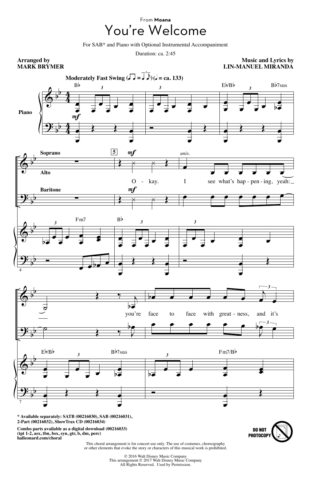Product picture to: You're Welcome (from Moana) (arr. Mark Brymer)