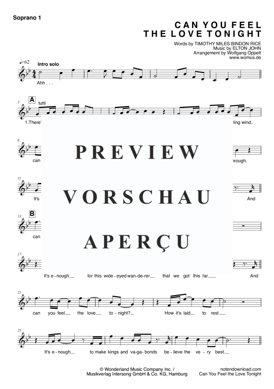 Produktgalerie: Seite 9 von 11 Can You Feel The Love Tonight, John, Elton, Frauen Chor/Ensemble SSA und Klavier - E-Bass & Drum Set optional