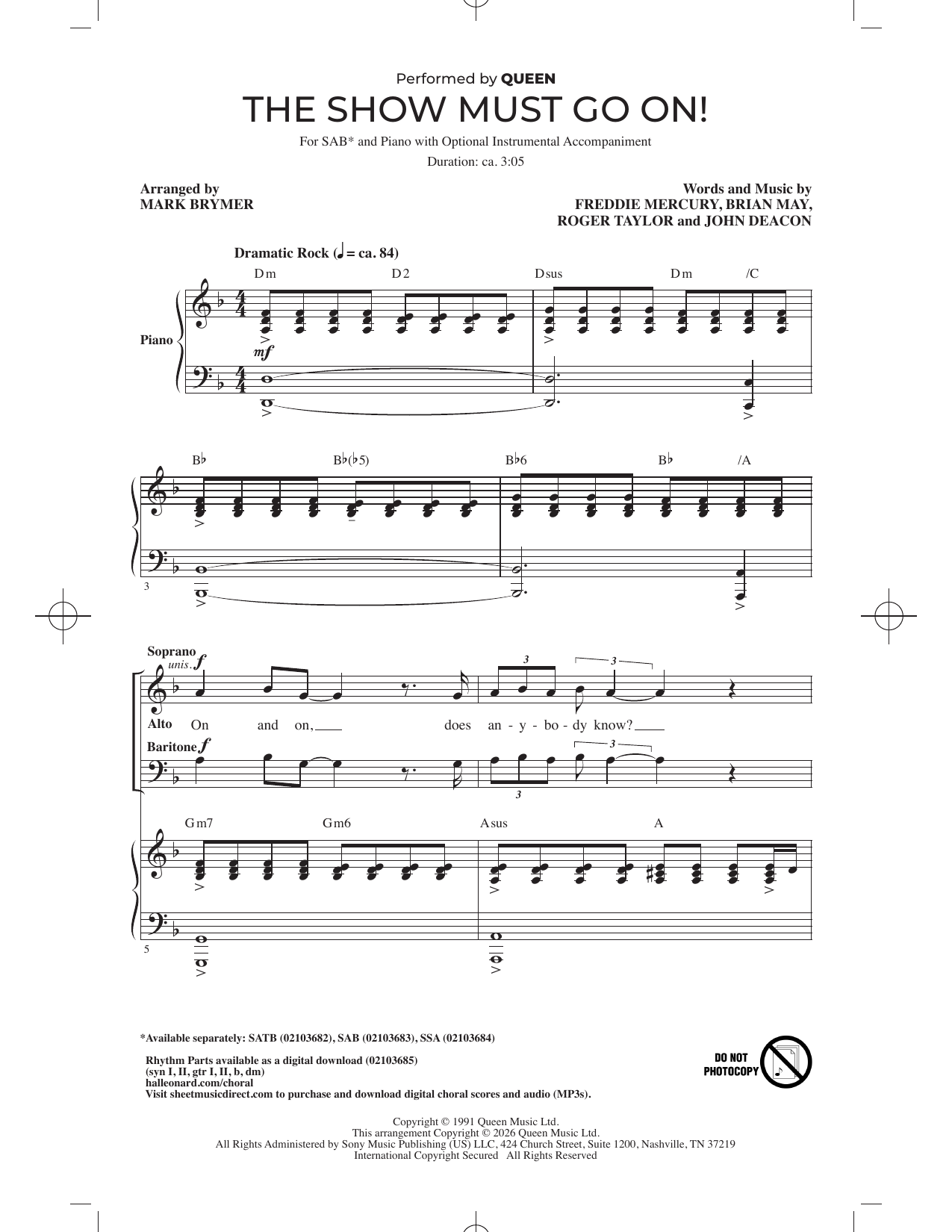 Product gallery: Page 1 of 1 The Show Must Go On (arr. Mark Brymer), Queen