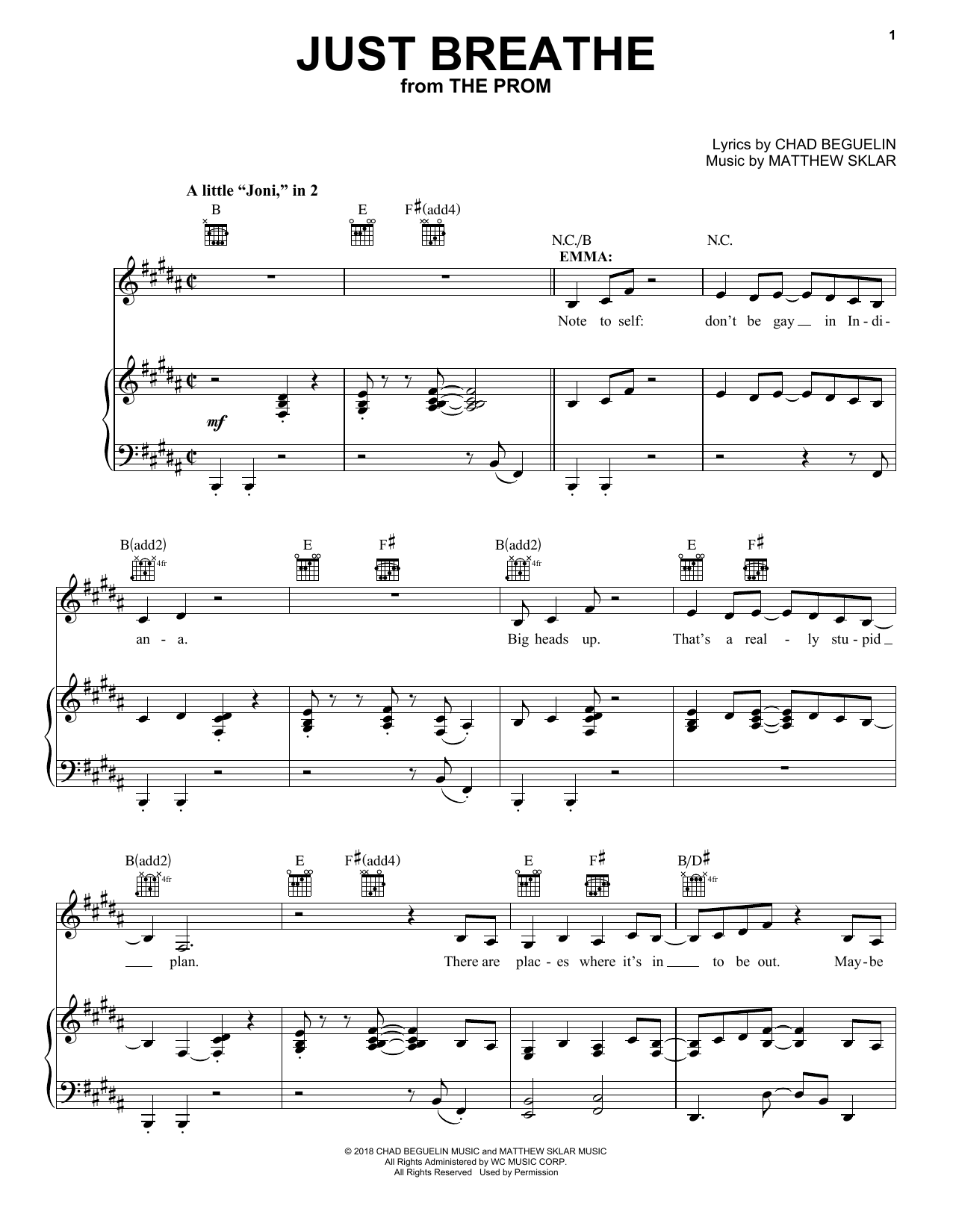 Produktgalerie: Seite 1 von 1 Just Breathe (from The Prom), Matthew Sklar, Gesang, Gitarre, Klavier