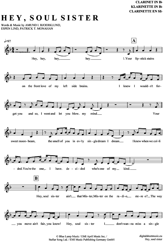 Product gallery: Page 1 of 4 Hey, soul sister , Train, Clarinet in B-flat