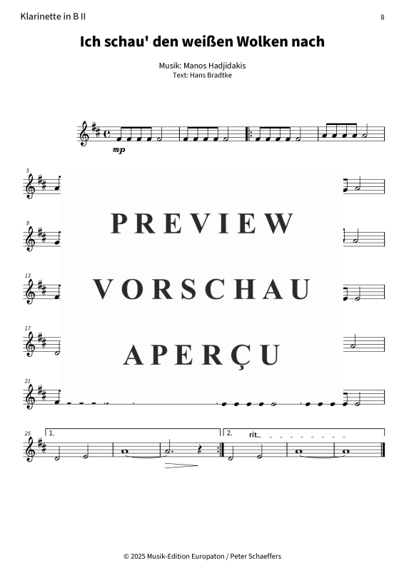 Product gallery: Page 10 of 11 Ich schau´ den weißen Wolken nach, Nana Mouskouri, (Woodwind Quartet)