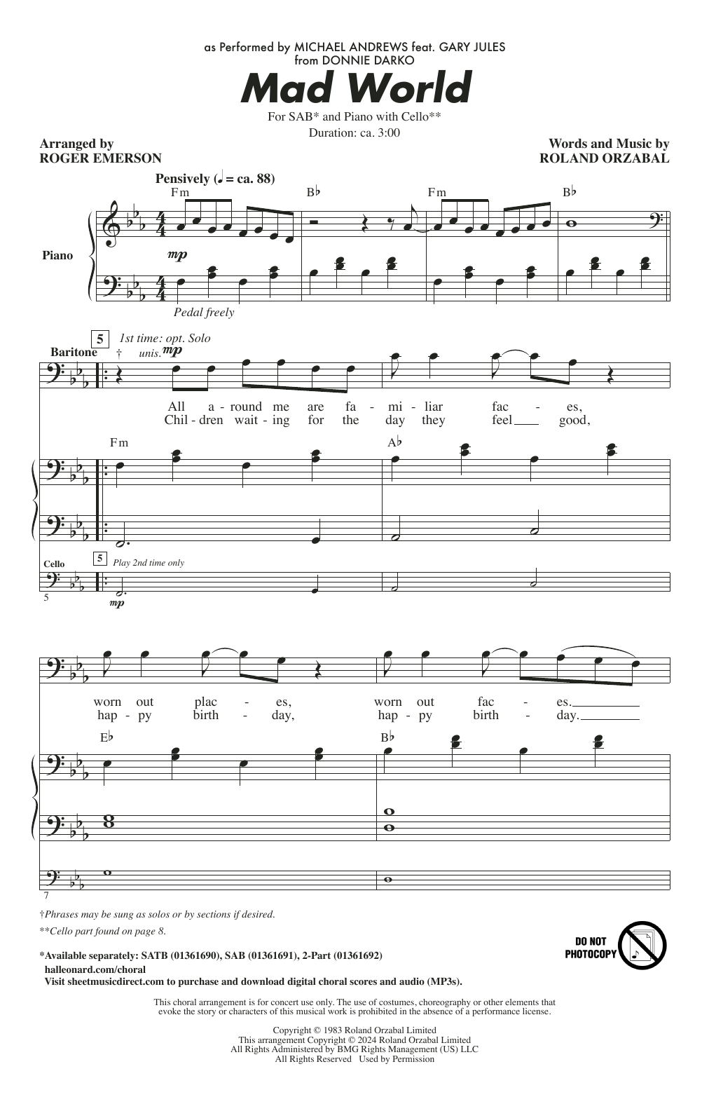 Produktbild zu:  Mad World (arr. Roger Emerson) - Michael Andrews Feat. Gary Jules