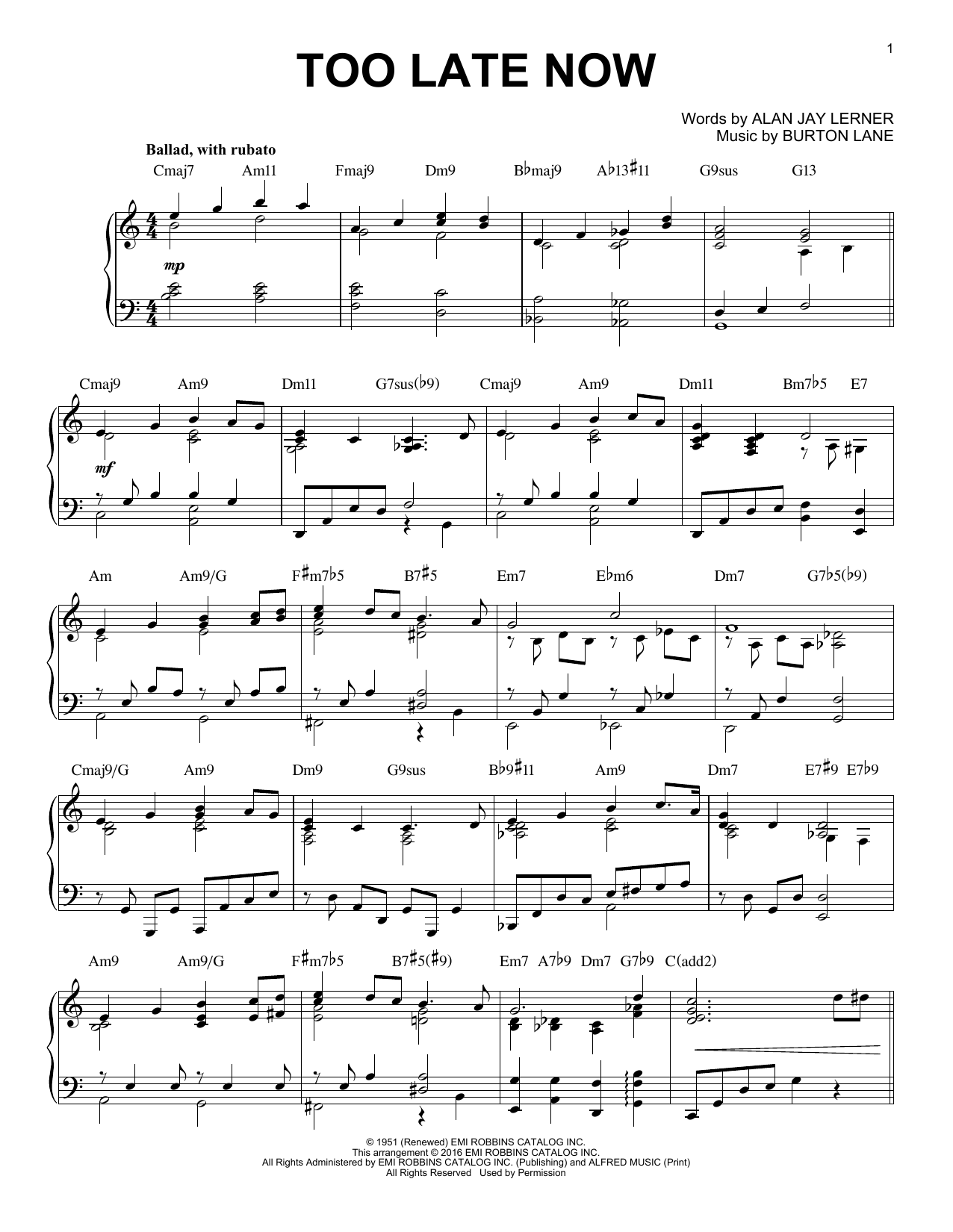 Product gallery: Page 1 of 1 Too Late Now [Jazz version] (arr. Brent Edstrom), Alan Jay Lerner