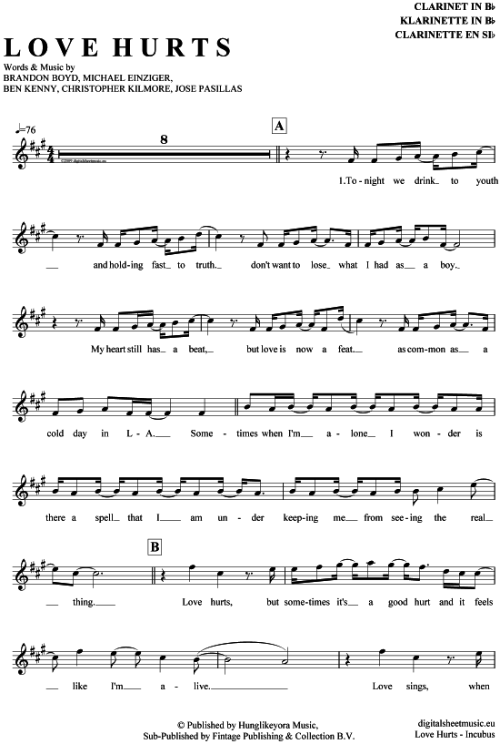 Product gallery: Page 1 of 4 Love Hurts , Incubus, Clarinet in B-flat