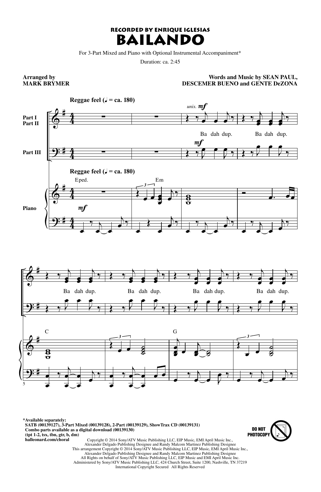 Produktgalerie: Seite 1 von 1 Bailando (arr. Mark Brymer), Enrique Iglesias Featuring Descemer Bueno and Gente de Zona, Chor