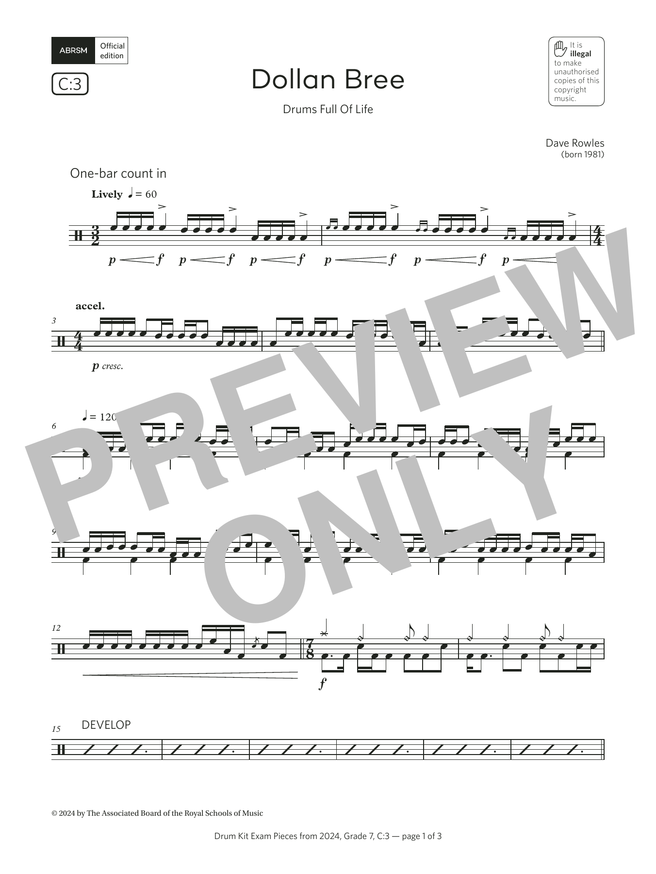 Product gallery: Page 1 of 1 Dollan Bree (Drums Full Of Life) (Grade 7, list C3, from the ABRSM Drum Kit Syllabus 2024), Dave Rowles