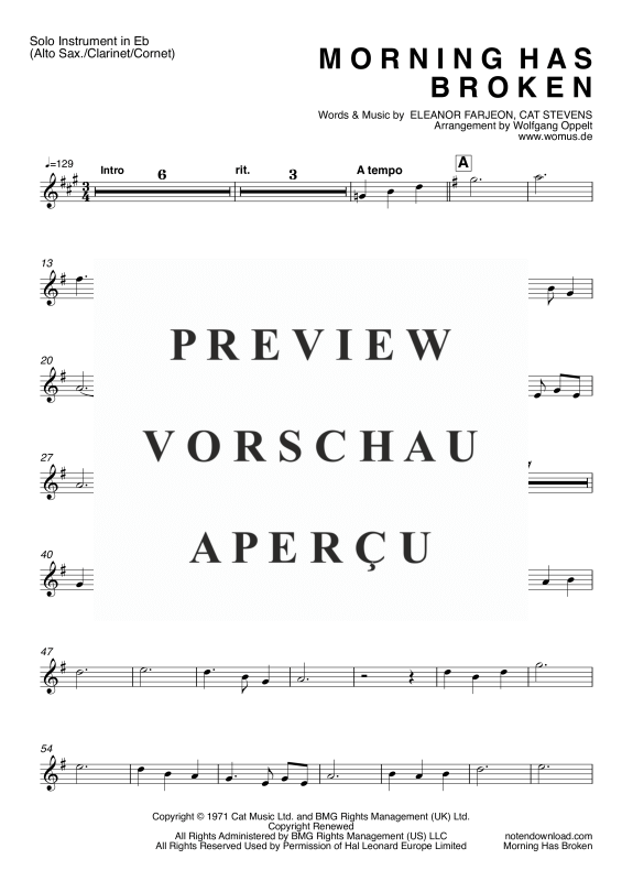 gallery: Morning Has Broken, Stevens, Cat, (Solo Instrument in Es: Alt/Bariton Saxophon Es Klarinette, Kornett und Orgel)
