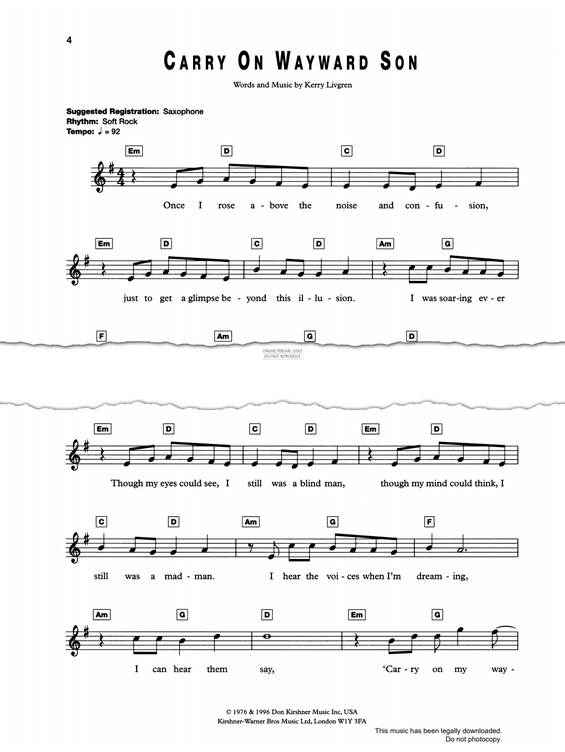 Produktgalerie: Seite 1 von 1 Carry On Wayward Son, Kansas, Gesang, Keyboard