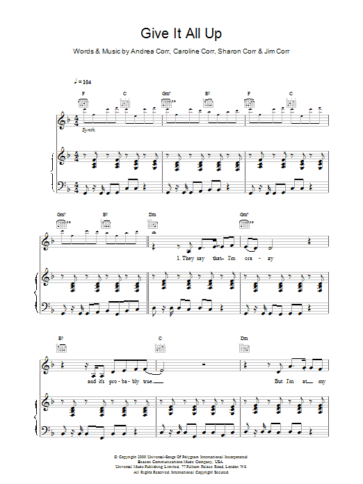 Produktgalerie: Seite 1 von 1 Give It All Up, The Corrs, Gesang, Gitarre, Klavier