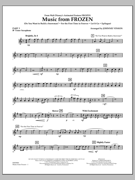 Produktbild zu:  Music from "Frozen" - Pt.3 - Bb Tenor Saxophone - Johnnie Vinson