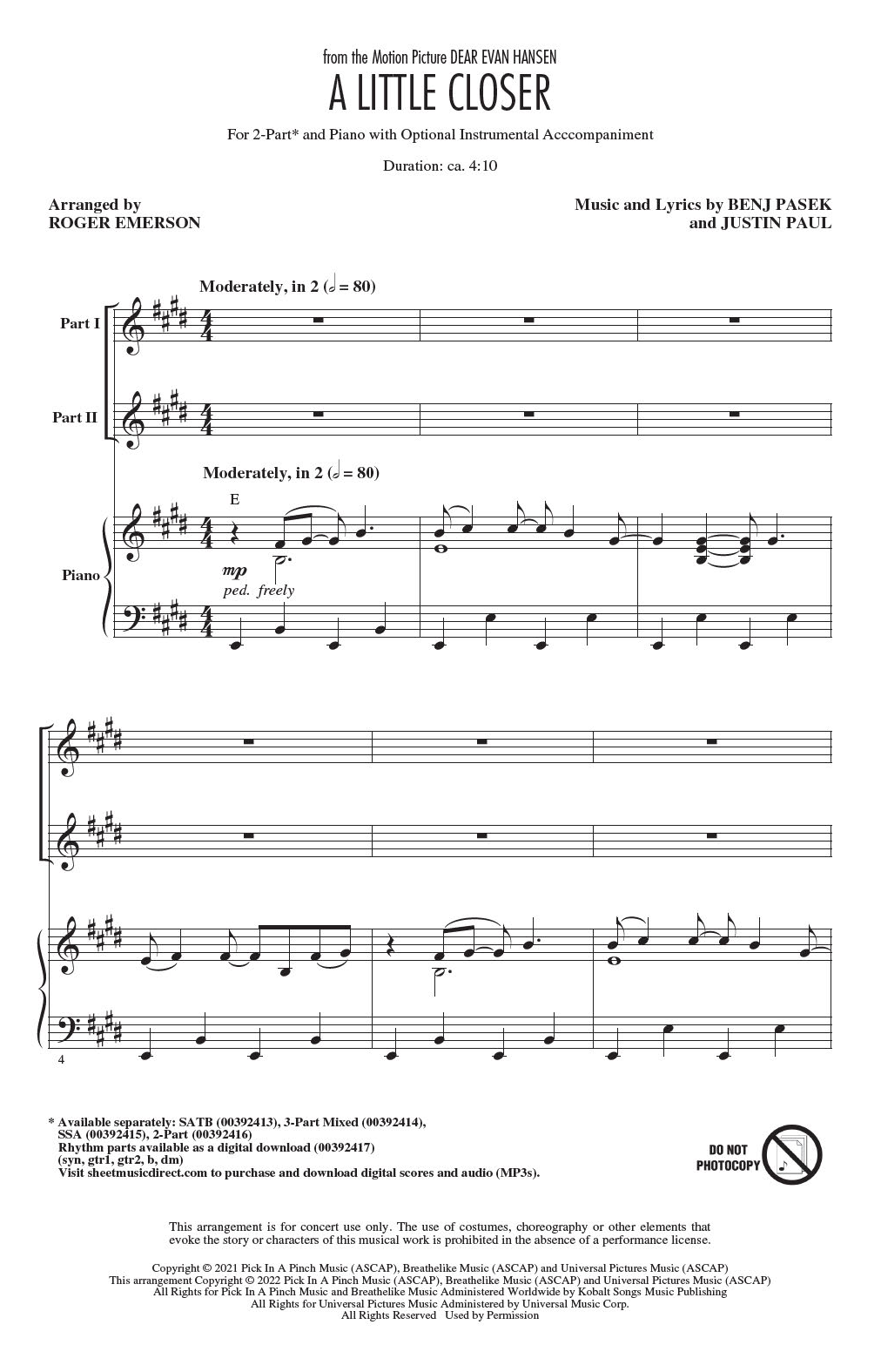 Product picture to: A Little Closer (from Dear Evan Hansen) (arr. Roger Emerson)