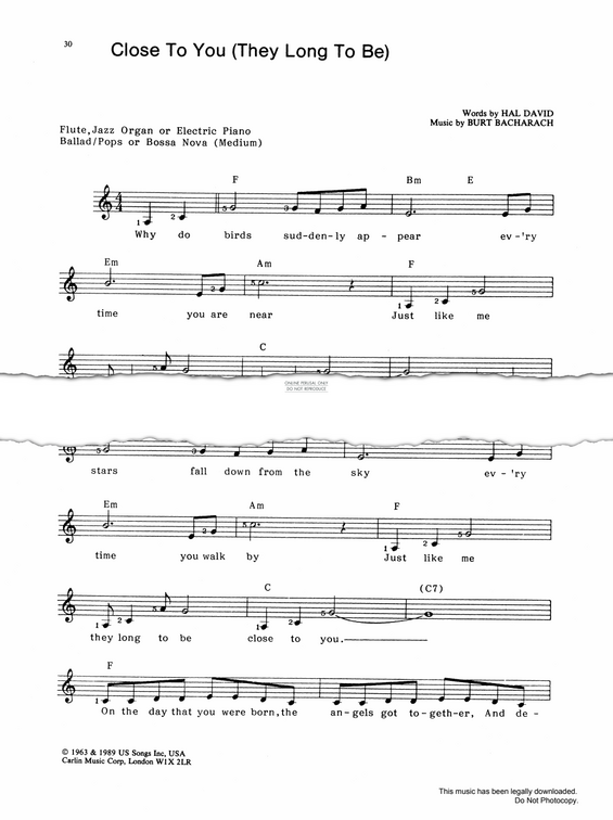 Product gallery: Page 1 of 1 (They Long To Be) Close To You, Burt Bacharach