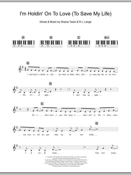 Produktgalerie: Seite 1 von 1 I'm Holdin' On To Love (To Save My Life), Shania Twain, Klavier