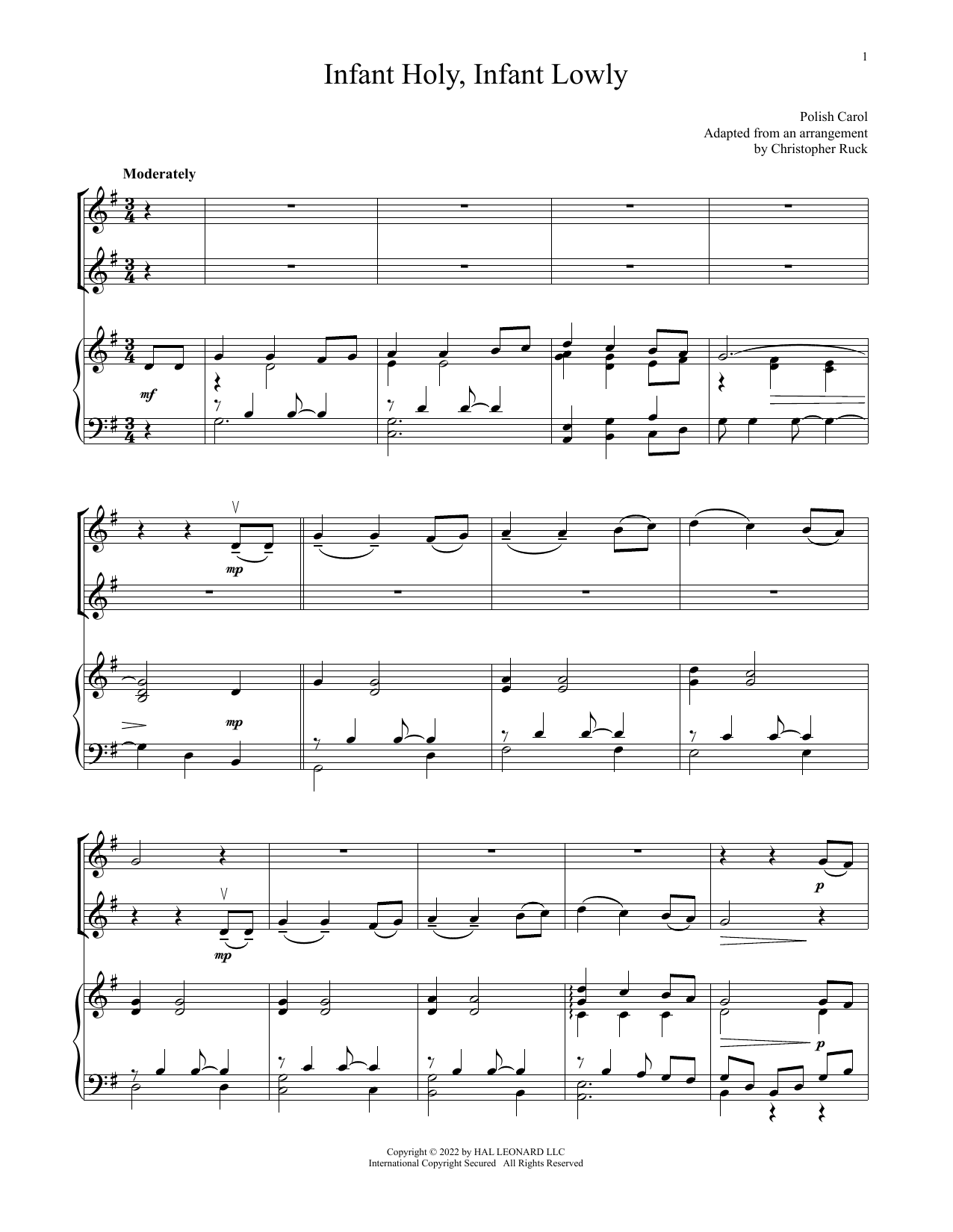 Product gallery: Page 1 of 1 Infant Holy, Infant Lowly (for Violin Duet and Piano), Traditional Polish Carol