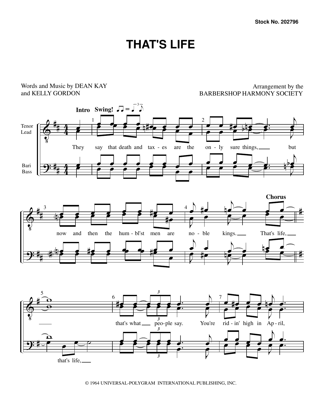 Product gallery: Page 1 of 1 That's Life (arr. Barbershop Harmony Society), Dean Kay & Kelly Gordon