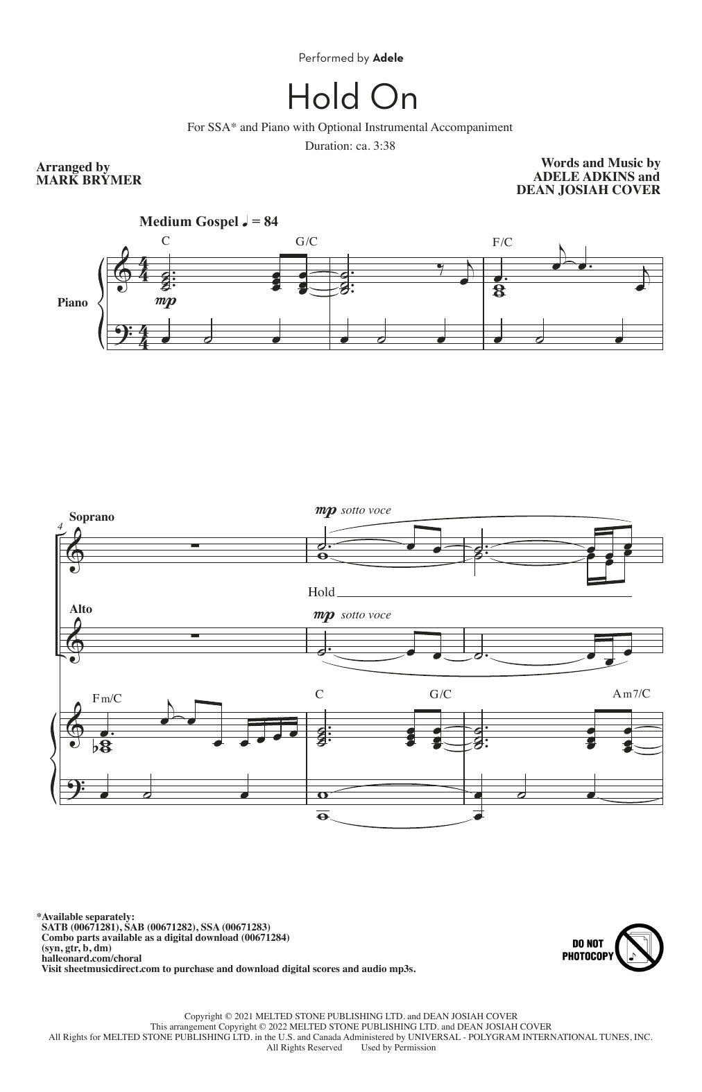 Product gallery: Page 1 of 1 Hold On (arr. Mark Brymer), Adele