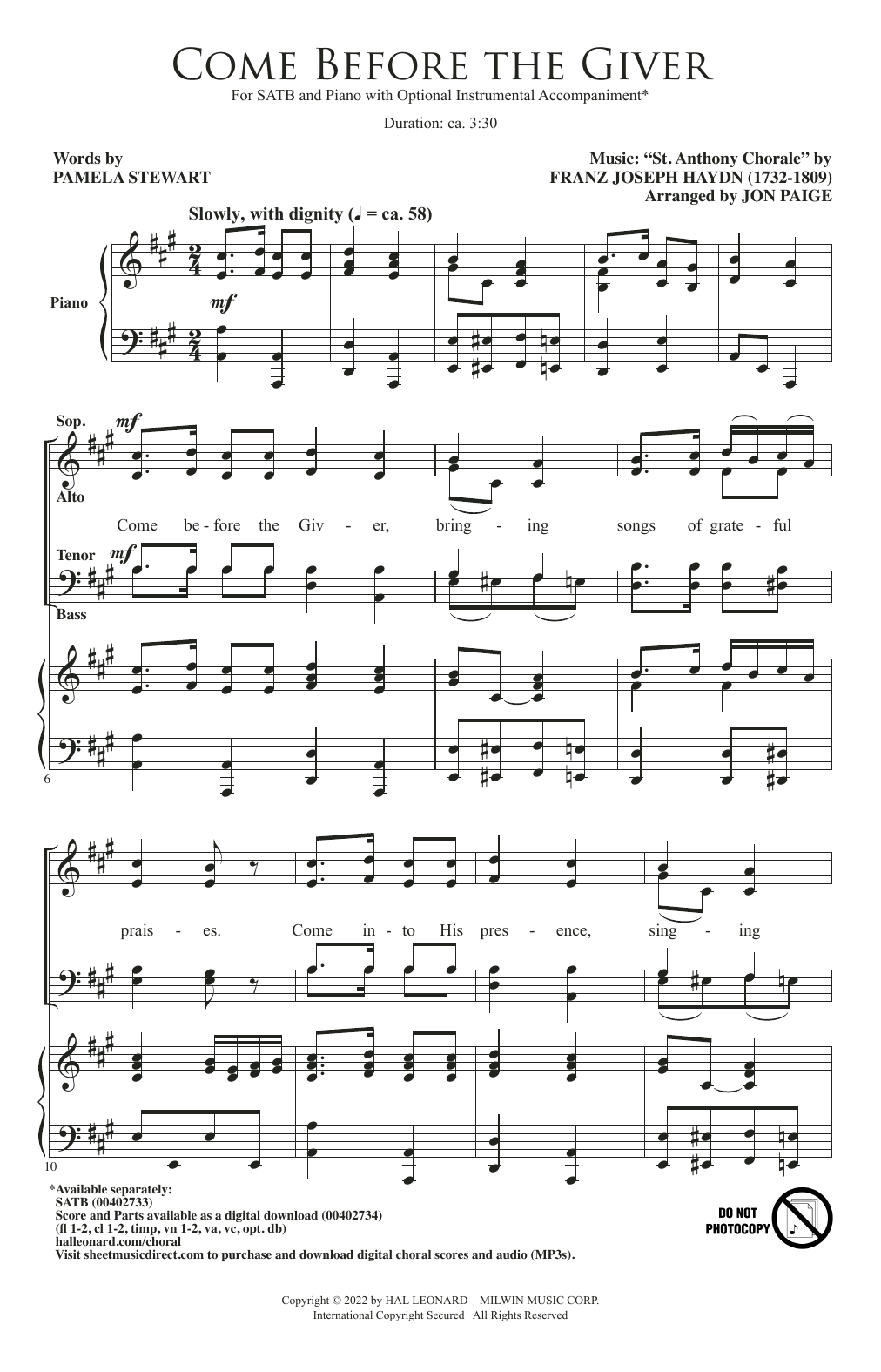 Product picture to: Come Before The Giver (arr. Jon Paige)