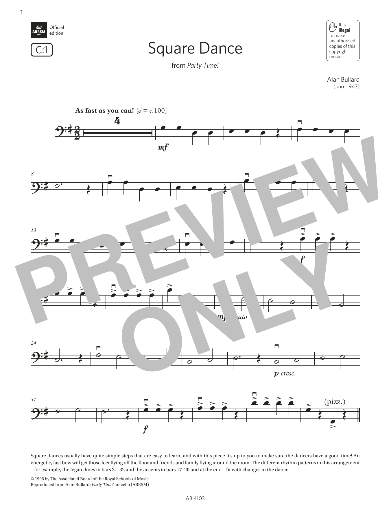 Produktbild zu:  Square Dance (Grade Initial, C1, from the ABRSM Cello Syllabus from 2024) - Alan Bullard