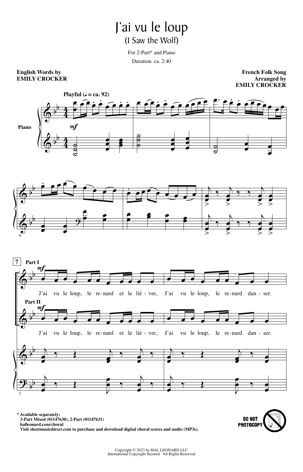 Produktbild zu: J'ai Vu Le Loup (I Saw The Wolf) (arr. Emily Crocker)