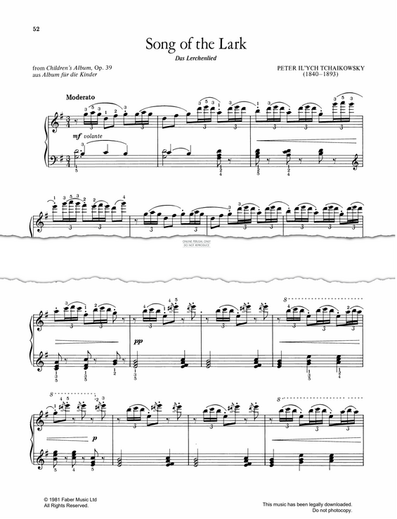 Produktgalerie: Seite 1 von 1 Song Of The Lark (from Album for the Young, Op.39 No.22), Pyotr Ilyich Tchaikovsky, Klavier