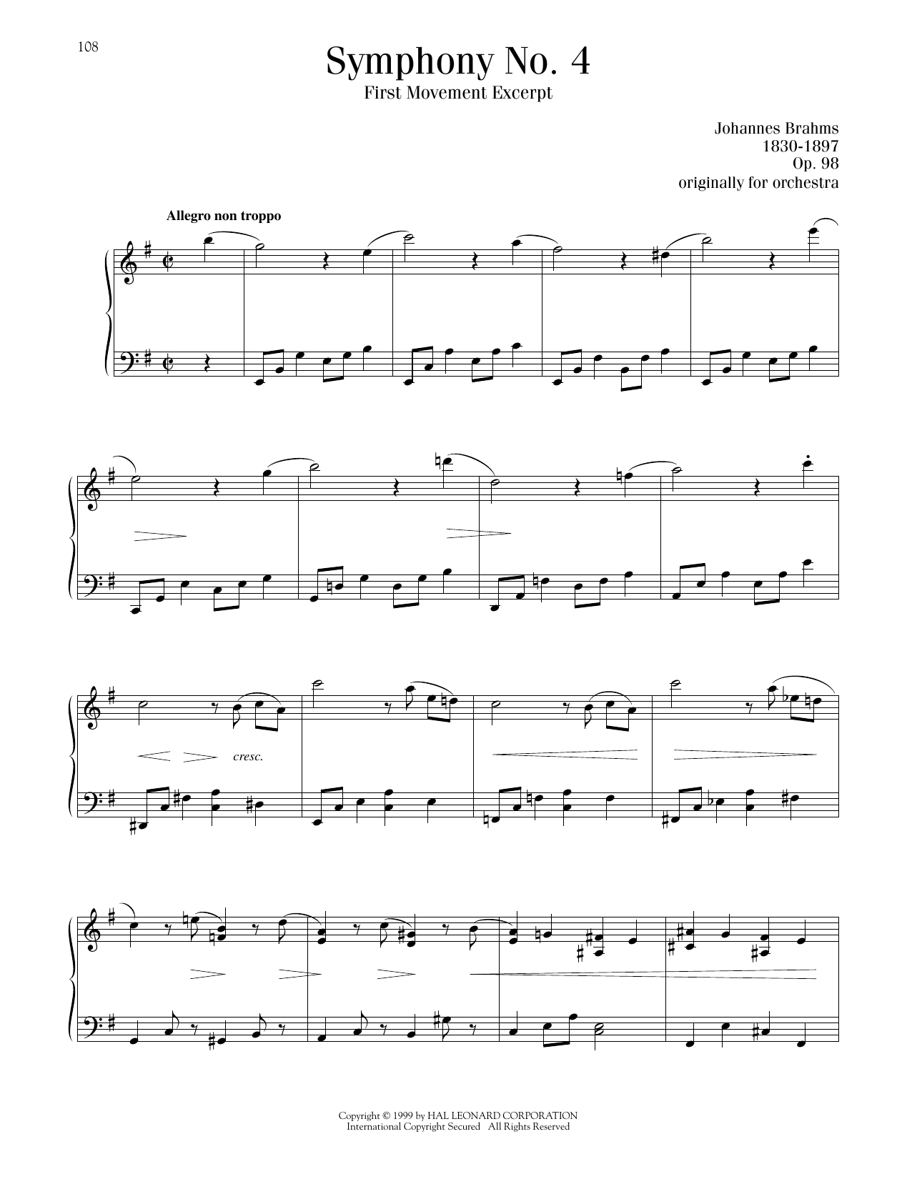 Produktgalerie: Seite 1 von 1 Symphony No. 4 in E Minor, First Movement Excerpt, Johannes Brahms, Klavier