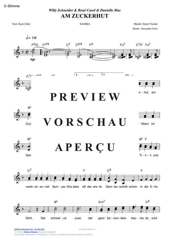 Produktgalerie: Seite 3 von 13 Am Zuckerhut , Schneider, Willy/Carol, Rene/Mac, Danielle, (Melodie-Stimmen in C/B/Es)