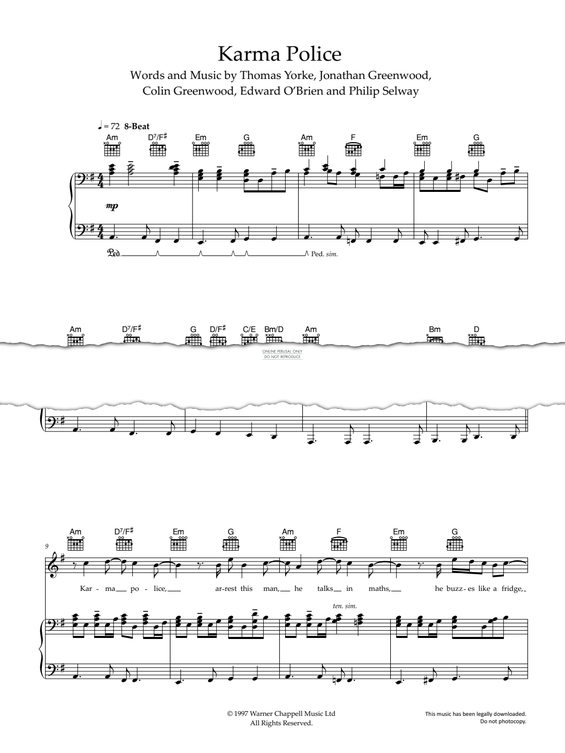 Produktgalerie: Seite 1 von 1 Karma Police, Radiohead, Gesang, Gitarre, Klavier