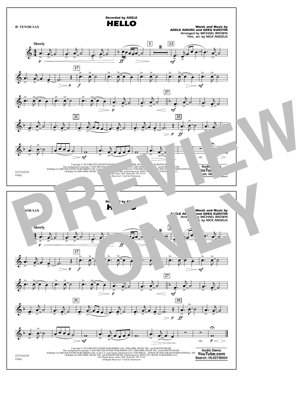 Produktgalerie: Seite 1 von 1 Hello - Bb Tenor Sax, Adele, Adele Adkins, Nick Angelis, Ensemble