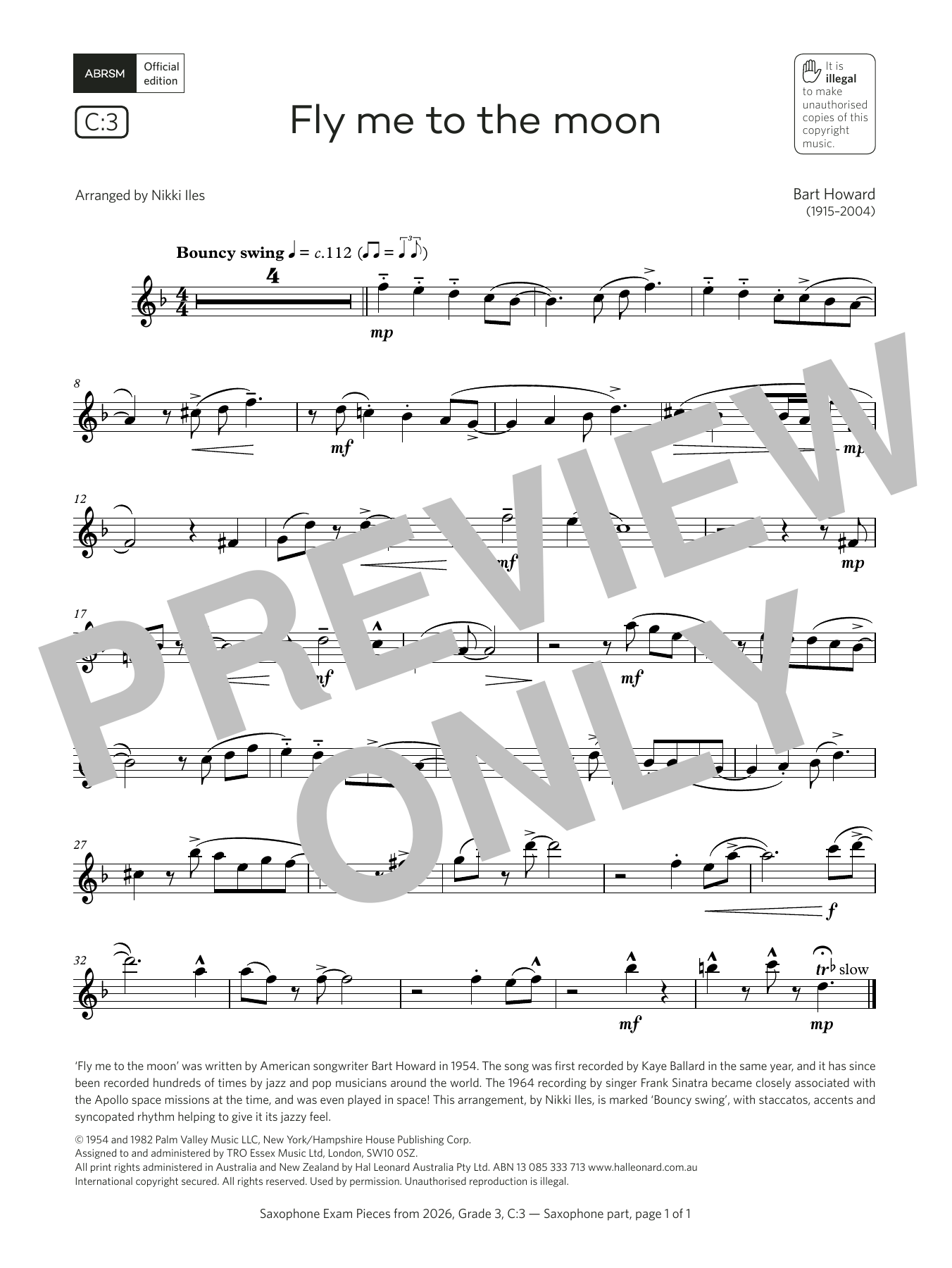 Product gallery: Page 1 of 1 Fly me to the moon (Grade 3, list C3, from the ABRSM Saxophone Syllabus from 2026), Bart Howard