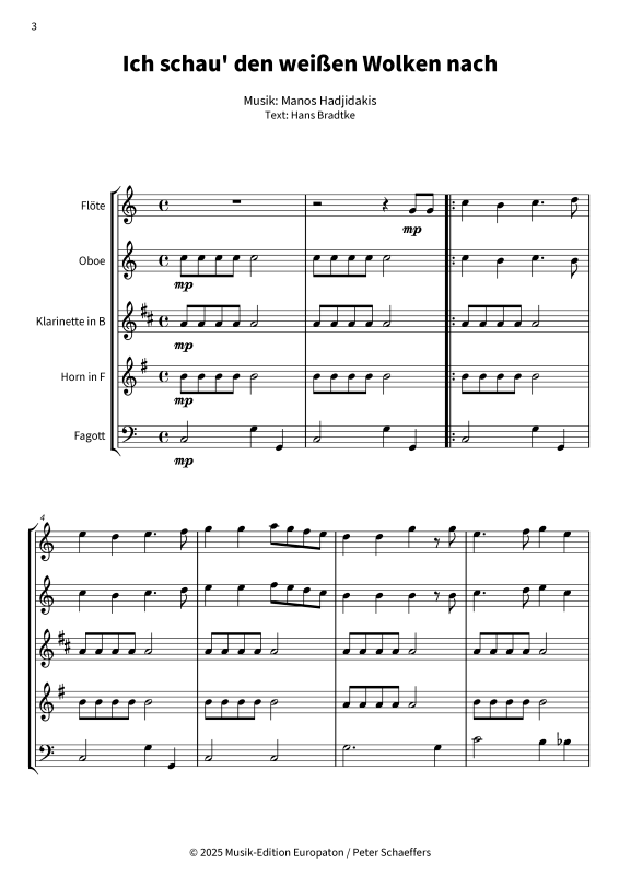 Produktgalerie: Seite 1 von 11 Ich schau´ den weißen Wolken nach, Nana Mouskouri, (Holzbläserquintett)