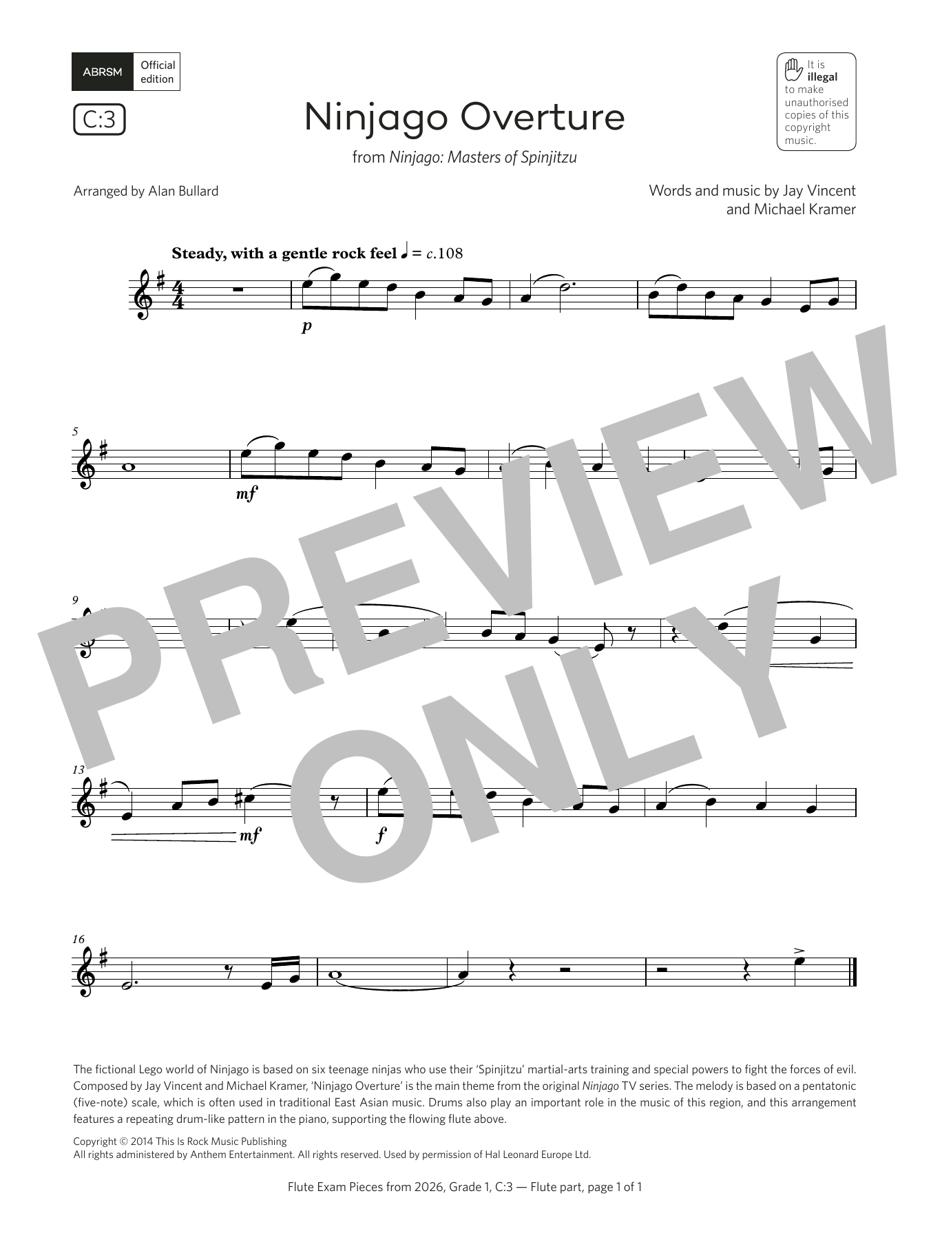 Product gallery: Page 1 of 1 Ninjago Overture (Grade 1, list C3, from the ABRSM Flute Syllabus from 2026), Jay Vincent