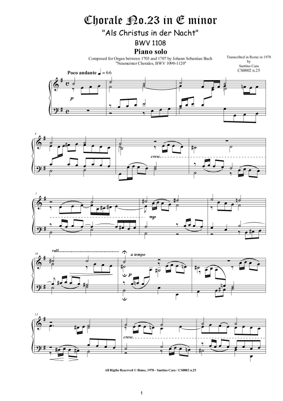 Product picture to: Choral No.23 in E-Moll (Als Christus in der Nacht) BWV 1108Johann Sebastian Bach
