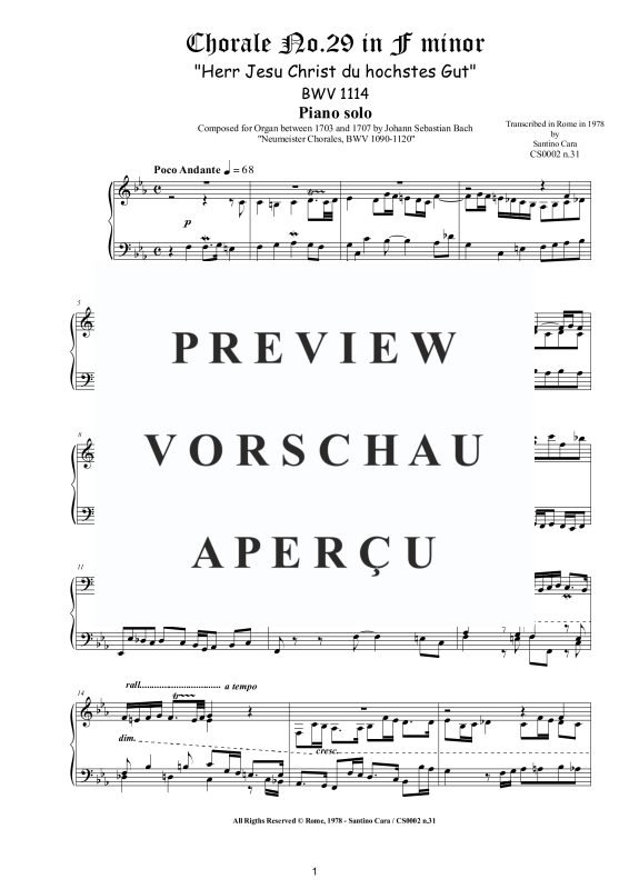Produktgalerie: Seite 2 von 3 Choral No.29 in F-Moll (Herr Jesu Christ du hochstes Gut) BWV 1114, , Klavier Solo