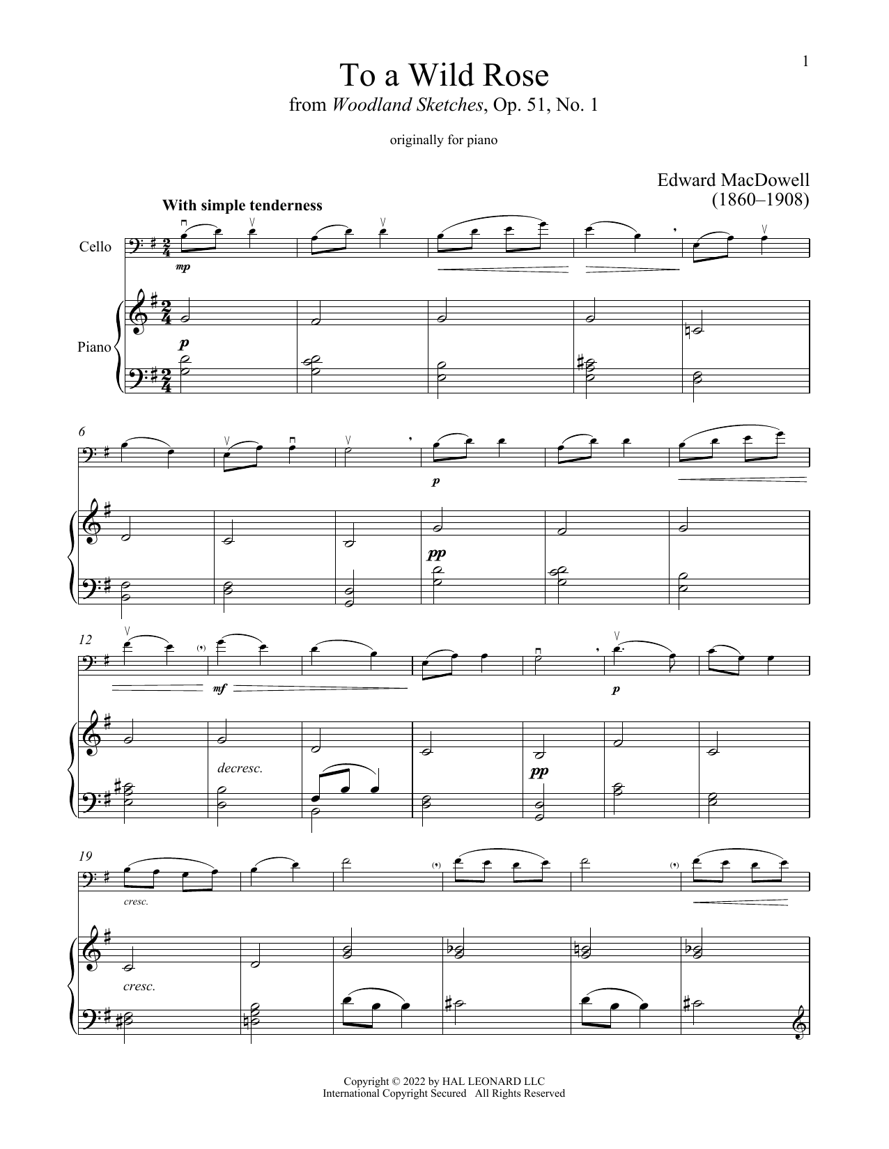 Produktgalerie: Seite 1 von 1 To A Wild Rose, Op. 51, No. 1, Edward MacDowell, Klavier, Violoncello